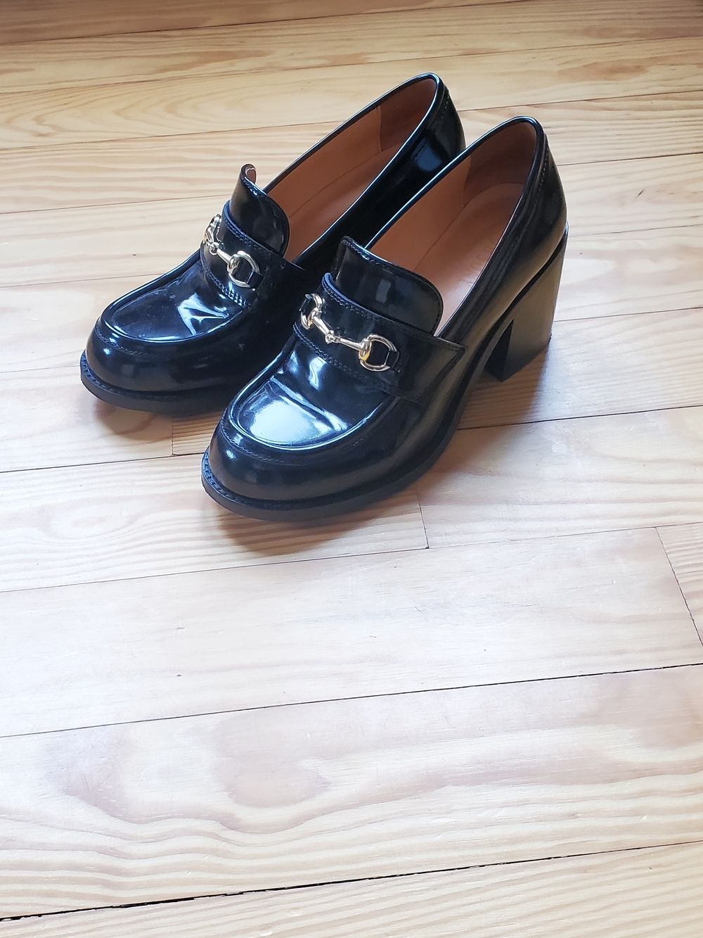 Thursday Boot Company Black Patent Loafers with Gold Bit